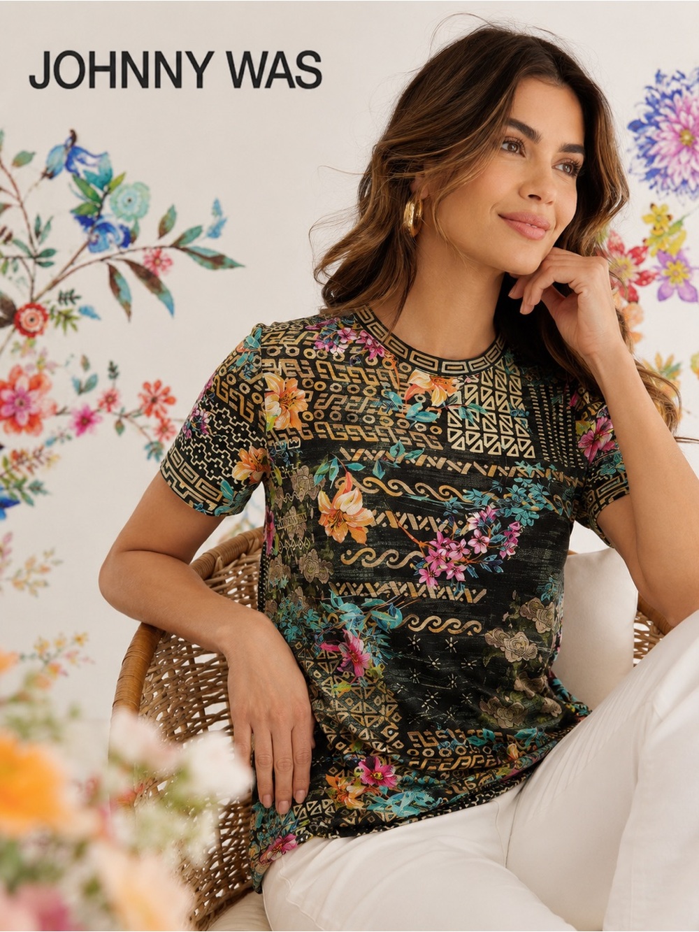 JOHNNY WAS Weller Favorite Floral Geometric Bamboo Viscose Top